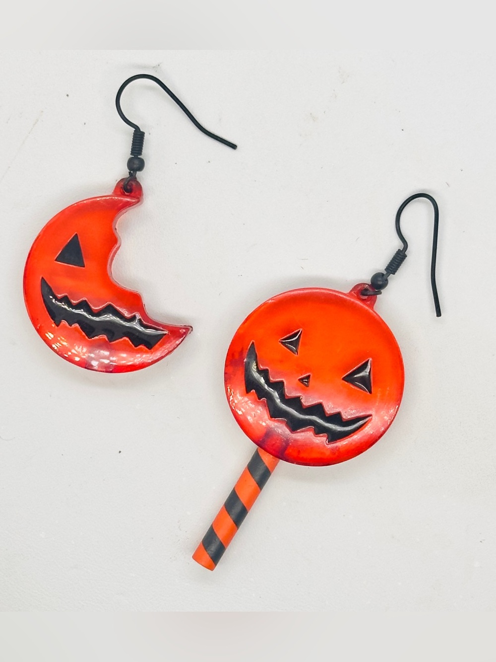 Acrylic Asymmetrical Pumpkin Lollipop Earrings Dangle Jack O Lantern Pumpkin